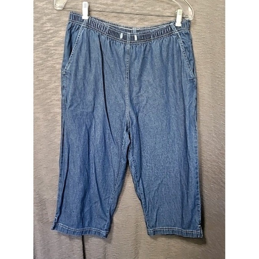 Erika Womens S Pull On Capri Pants Elastic Waist Stretch Casual Blue Lightweight